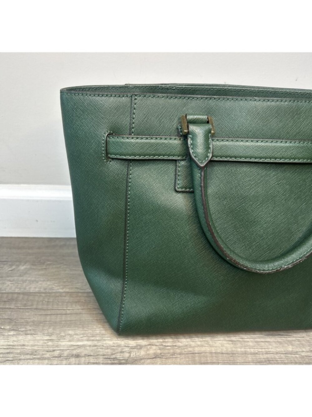 Michael Kors Green Hamilton Gold Studded Saffiano Leather Tote Purse Bag Preppy - Picture 7 of 16